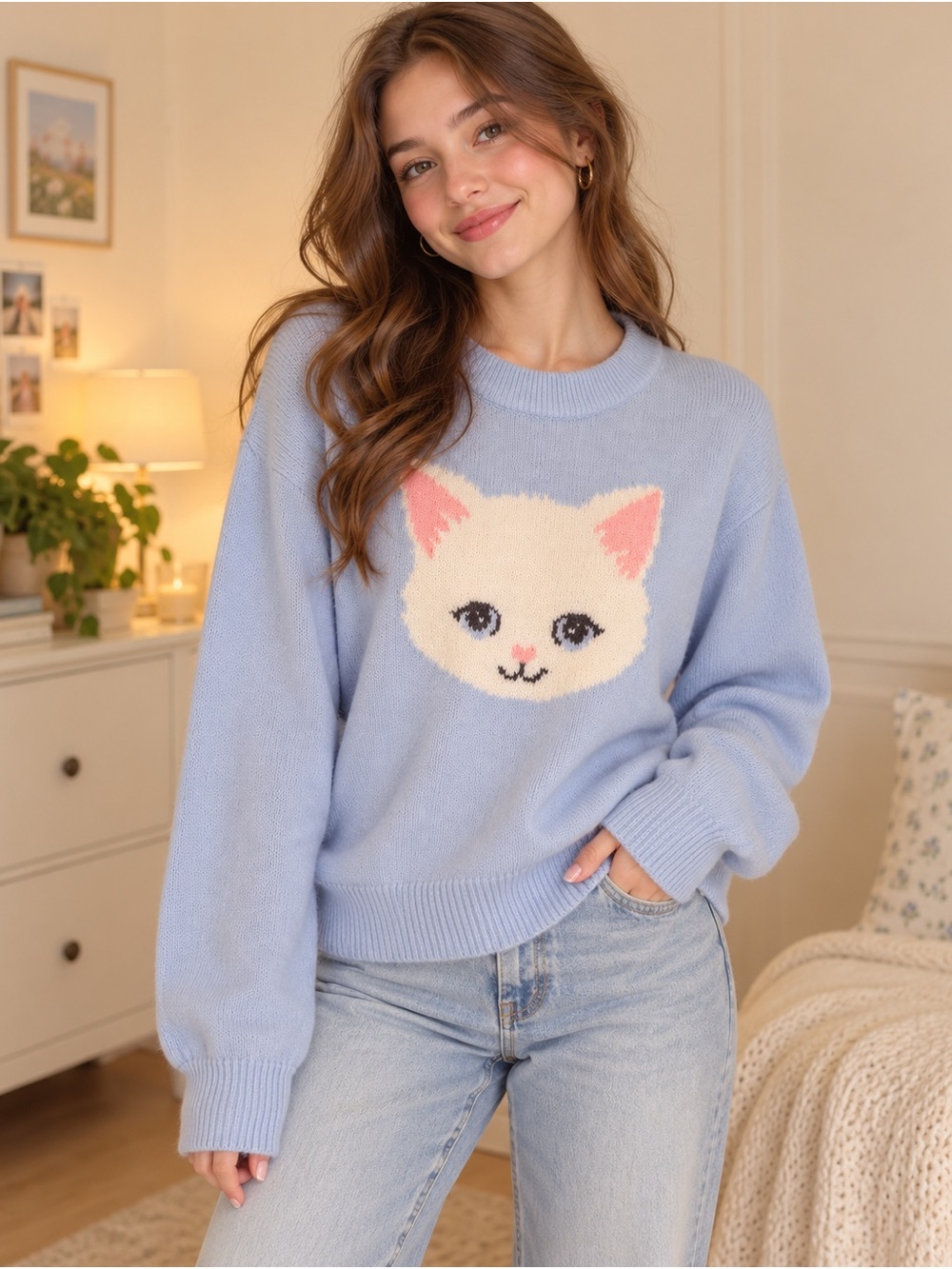 H&M- Light Blue Cat Crewneck Sweater